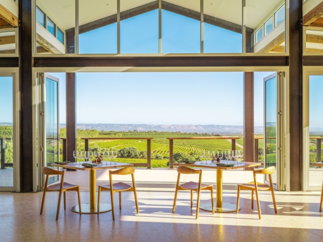 Photo of the interior of the Dandelion Vineyards Wonder Room looking out on the views